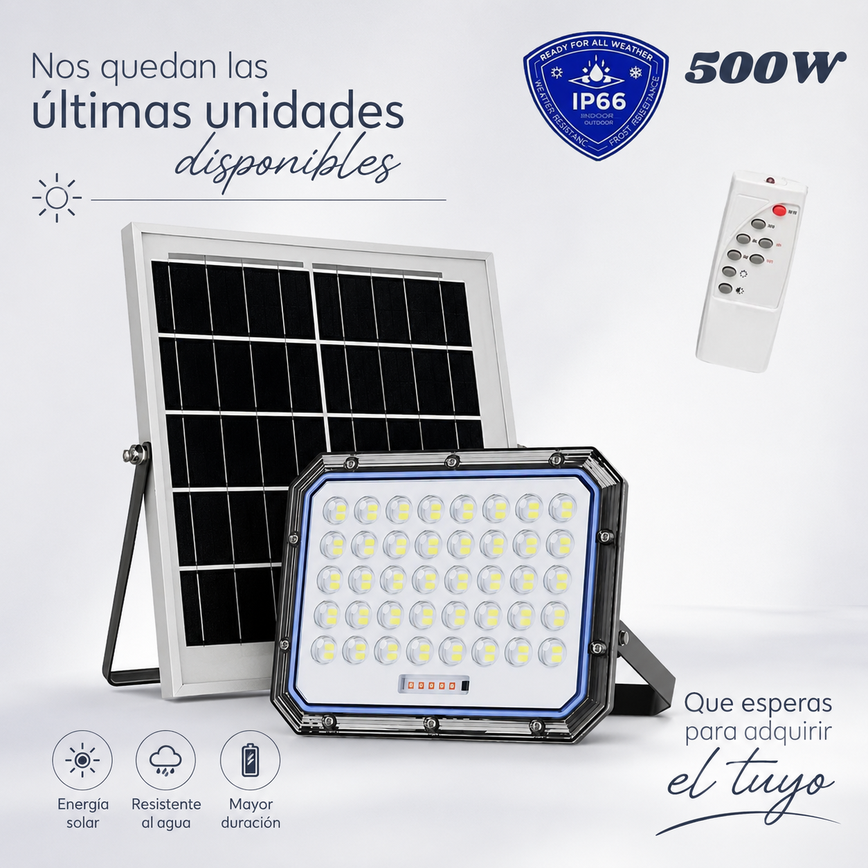 LumiForce Solar 500W - Más luz, más seguridad, cero consumo eléctrico.